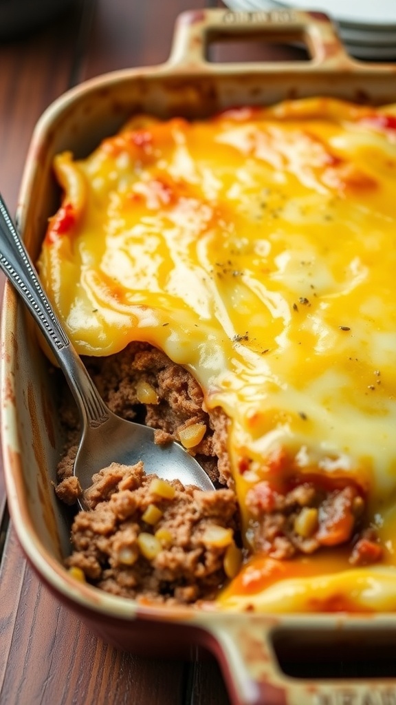 A hearty mashed meatloaf casserole with mashed potatoes and ground beef, topped with melted cheese, in a rustic baking dish.